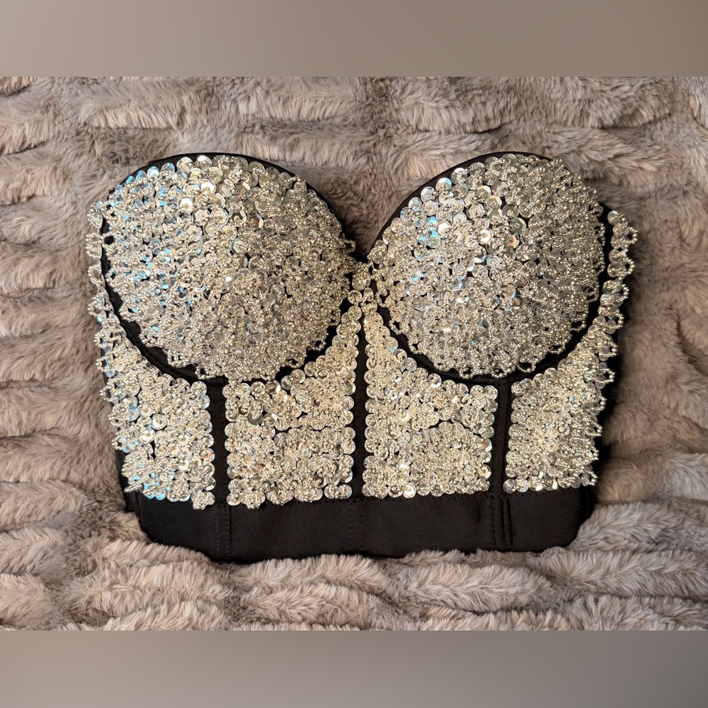 NWOT - Black and Silver Sequin Bustier Top, with detachable straps.